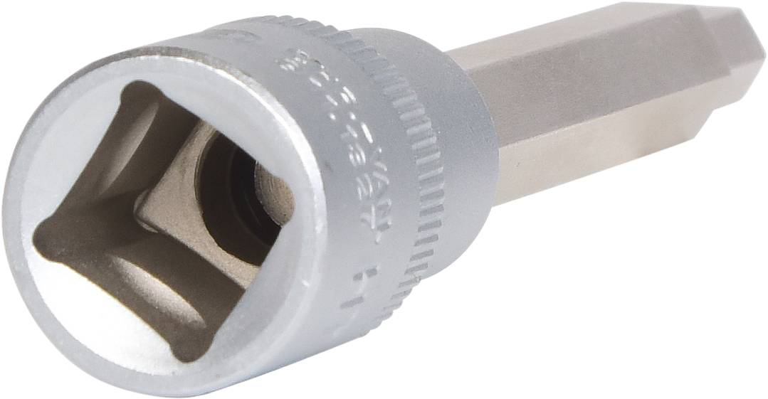 Srebrny adapter klucza nasadowego z gniazdem sześciokątnym wewnętrznym.
