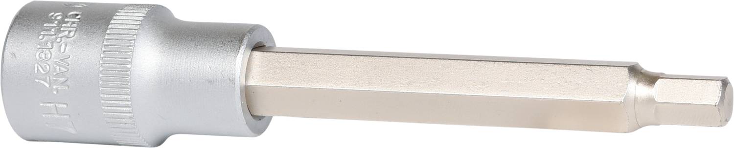 Sześciokątny adapter bitowy w kolorze srebrnym do klucza nasadowego, przeznaczony do użycia w narzędziach ręcznych lub elektrycznych.