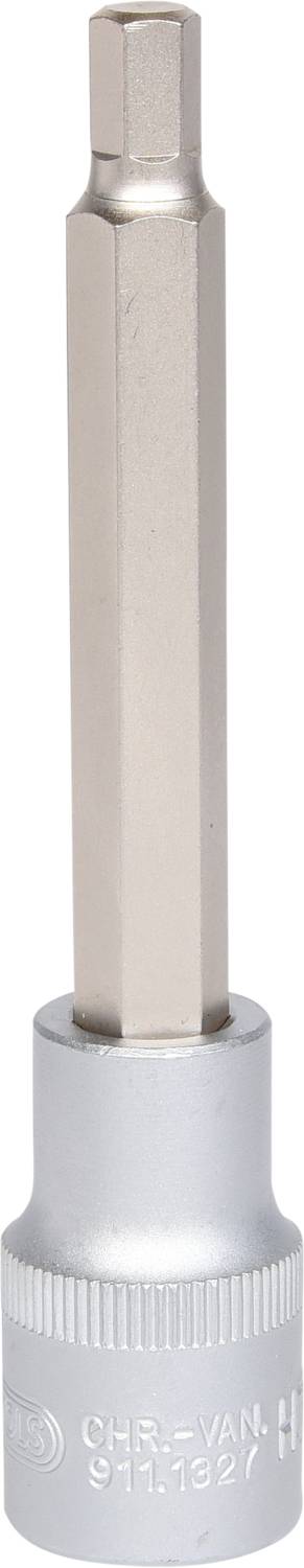 Sześciokątny nasadowy klucz trzpieniowy z długim bitem sześciokątnym w srebrnym kolorze, odpowiedni do napraw lub prac montażowych.