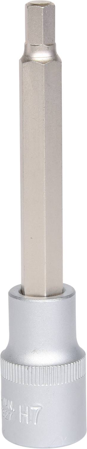 Sześciokątny nasadowy klucz nasuwany z srebrnym uchwytem metalowym i długim, sześciokątnym trzpieniem, typowo używany do prac śrubowych.