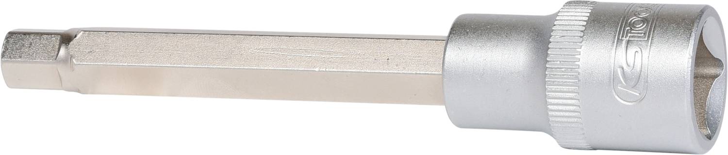 Srebrny adapter bitowy z kwadratową stroną napędową i sześciokątną stroną mocującą. Służy do mocowania grotów.