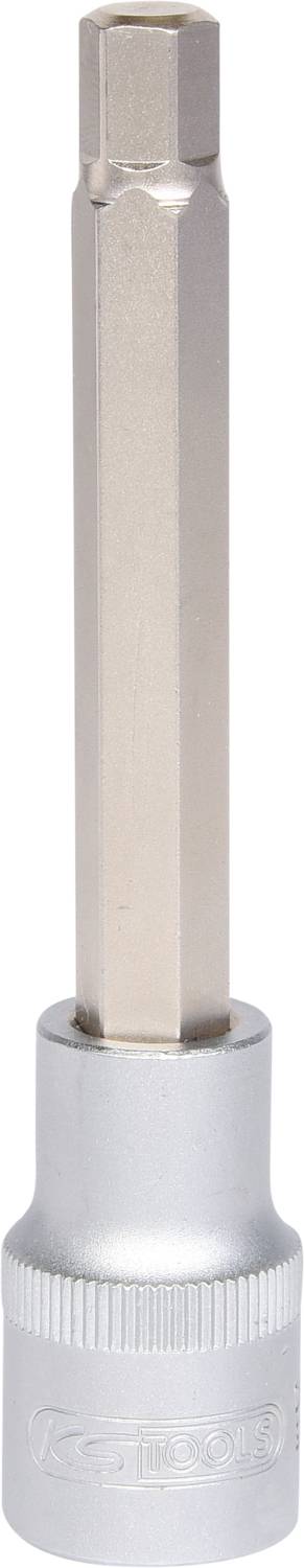 Srebrny adapter narzędziowy z sześciokątnym zakończeniem do prac śrubowych lub montażowych, sfotografowany na białym tle.