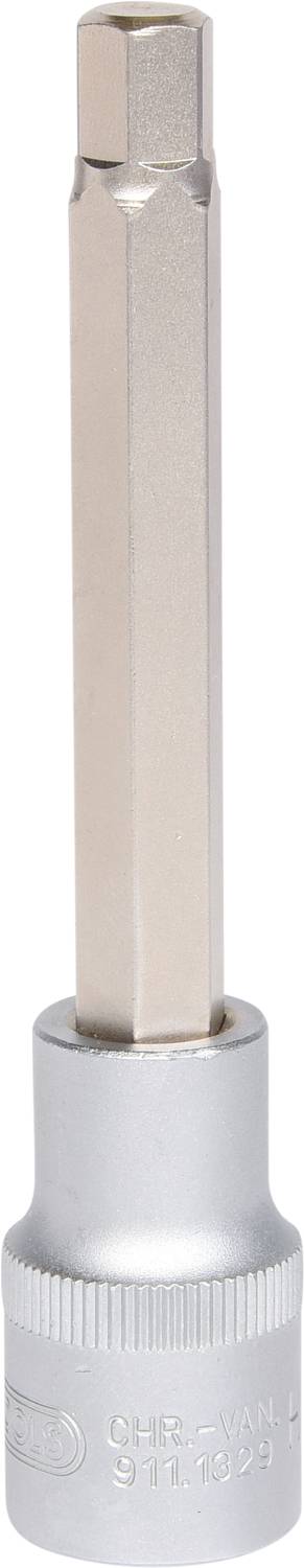 Sześciokątny bit w kolorze srebrnym z długim trzpieniem i cylindryczną podstawą, typowy osprzęt narzędziowy.