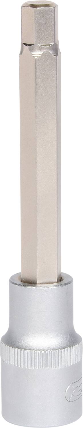 Srebrny sześciokątny klucz nasadowy z długim trzpieniem, przeznaczony do użycia z wkrętakami lub grzechotkami, odpowiedni do śrub sześciokątnych.