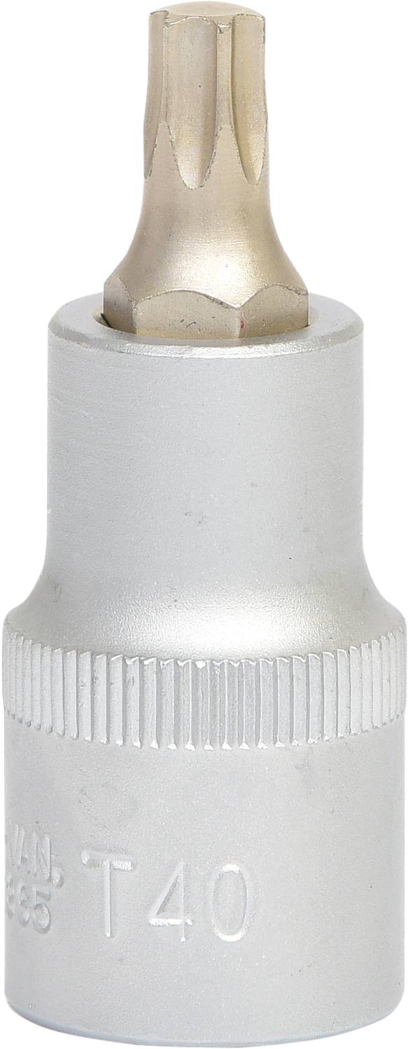 Bit Torx o rozmiarze T40, wykonany z metalicznego, srebrnego materiału, w kształcie cylindra z żłobionym uchwytem dla lepszej przyczepności.