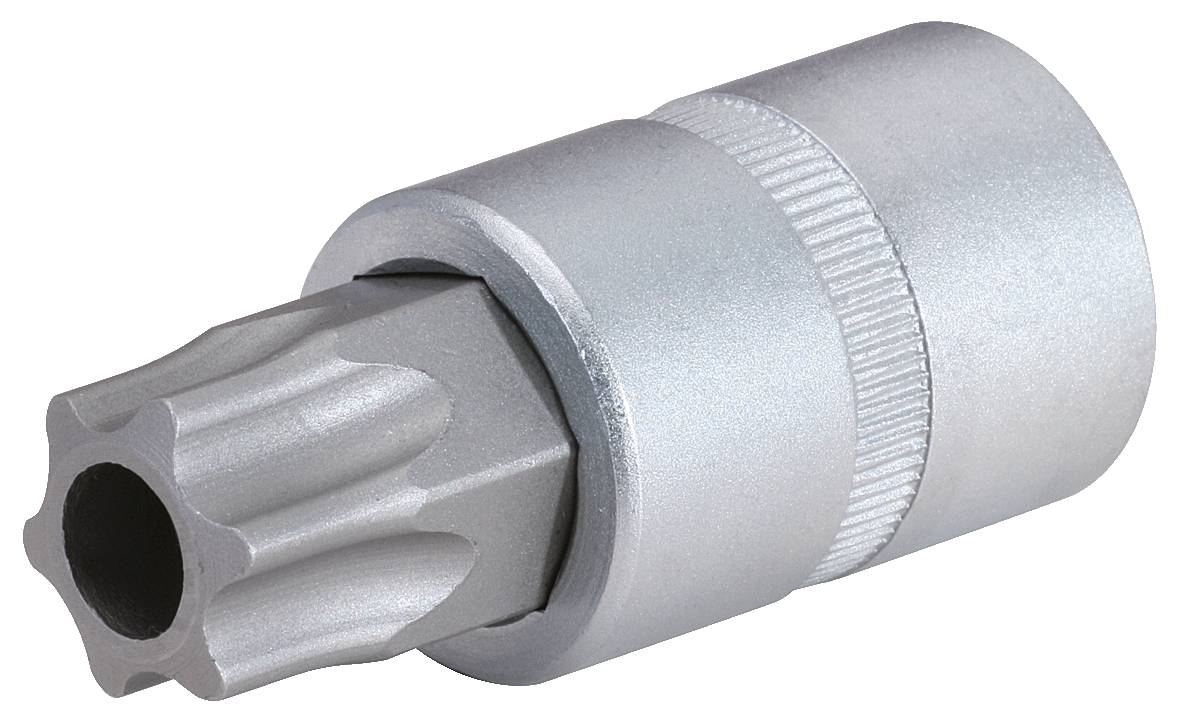 Srebrny adapter do wkrętaka w kształcie gwiazdy z prążkowaną środkową częścią i gwiaździstym zakończeniem. Przeznaczony do specyficznych rodzajów śrub.