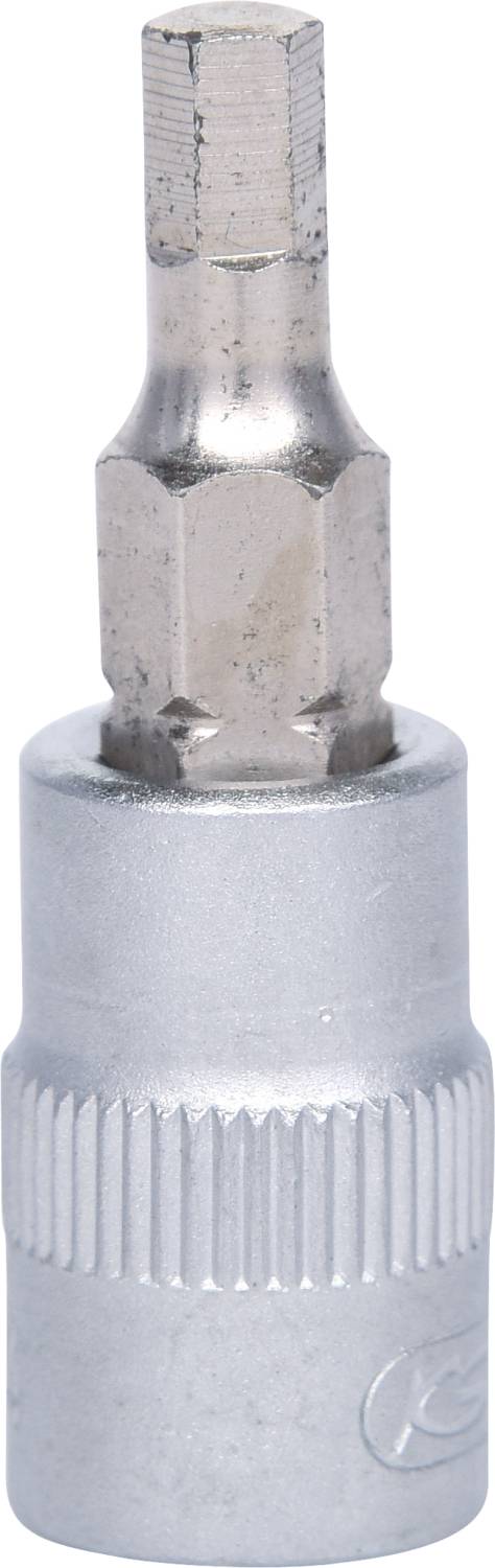 Srebrny bit z sześciokątnym zakończeniem, przeznaczony do użycia z kluczem lub grzechotką.