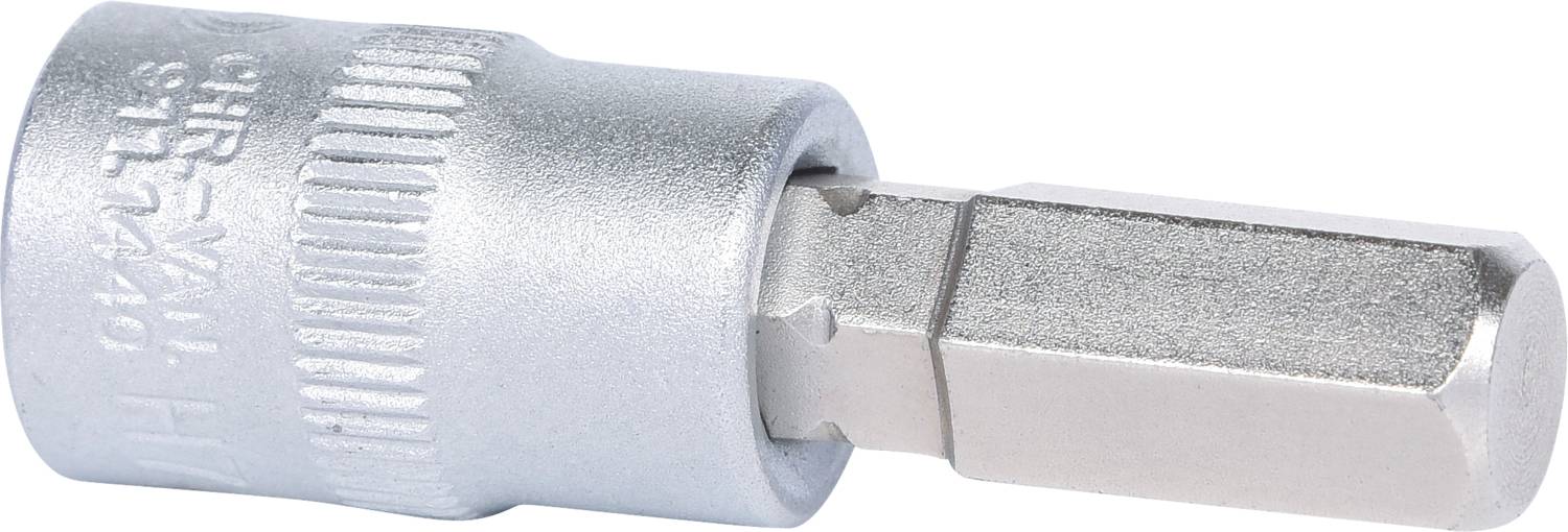 Metalowy wkład klucza nasadowego z sześciokątnym bitem do prac śrubowych, widok z boku.