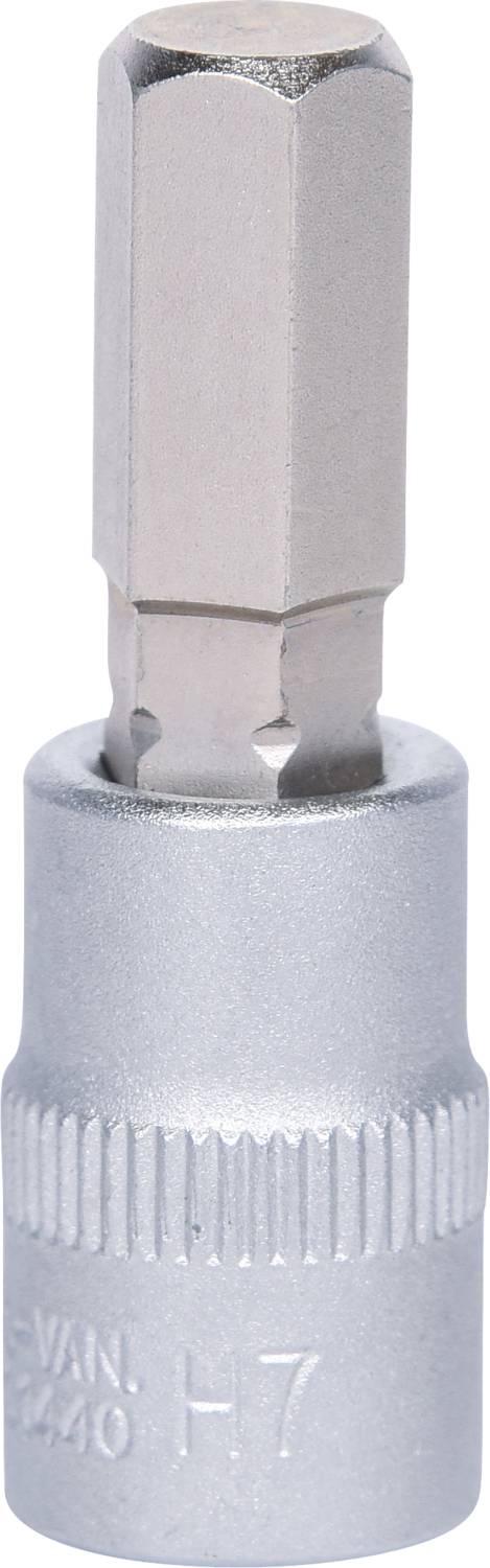 Sześciokątny uchwyt bitów z oznaczeniem H7, wykonany z błyszczącego metalu. Idealny do precyzyjnej pracy z kluczami i narzędziami.