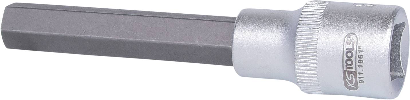 Srebrny adapter klucza hex-bit z żłobkowanym uchwytem i wytłoczonym logo po bokach.