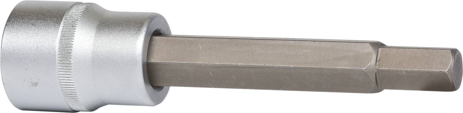 Srebrny klucz nasadowy z sześciokątnym trzpieniem i okrągłą nasadką. Narzędzie służące do dokręcania lub odkręcania śrub.