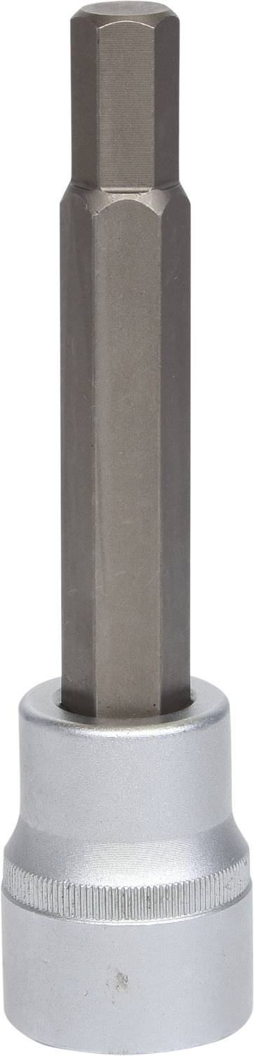 Sześciokątny klucz imbusowy srebrnego koloru z długim trzpieniem i nasadką, przystosowany do użycia z nasadką lub grzechotką.