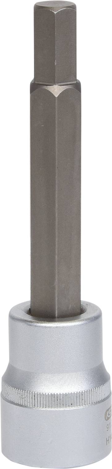 Srebrny klucz nasadowy z łbem sześciokątnym do prac rzemieślniczych. Wykonany głównie z metalu, w pozycji pionowej.