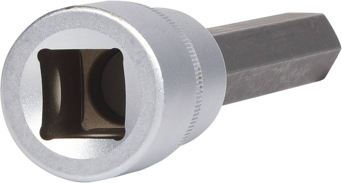 Sześciokątny uchwyt bitów metalowy, z kwadratowym wycięciem z przodu, w kolorze szarym, odpowiedni do narzędzi ręcznych takich jak klucze.