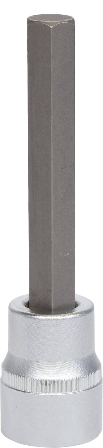 Sześciokątny przedłużony metalowy bit cylindryczny, przeznaczony do użycia z wkrętakiem lub grzechotką.