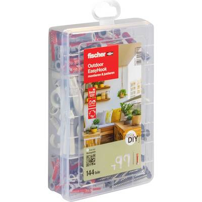 Przezroczyste plastikowe pudełko organizera z opakowaniem zestawu montażowego Fischer Outdoor EasyHook oraz widocznymi w środku różnymi kołkami ściennymi i śrubami.