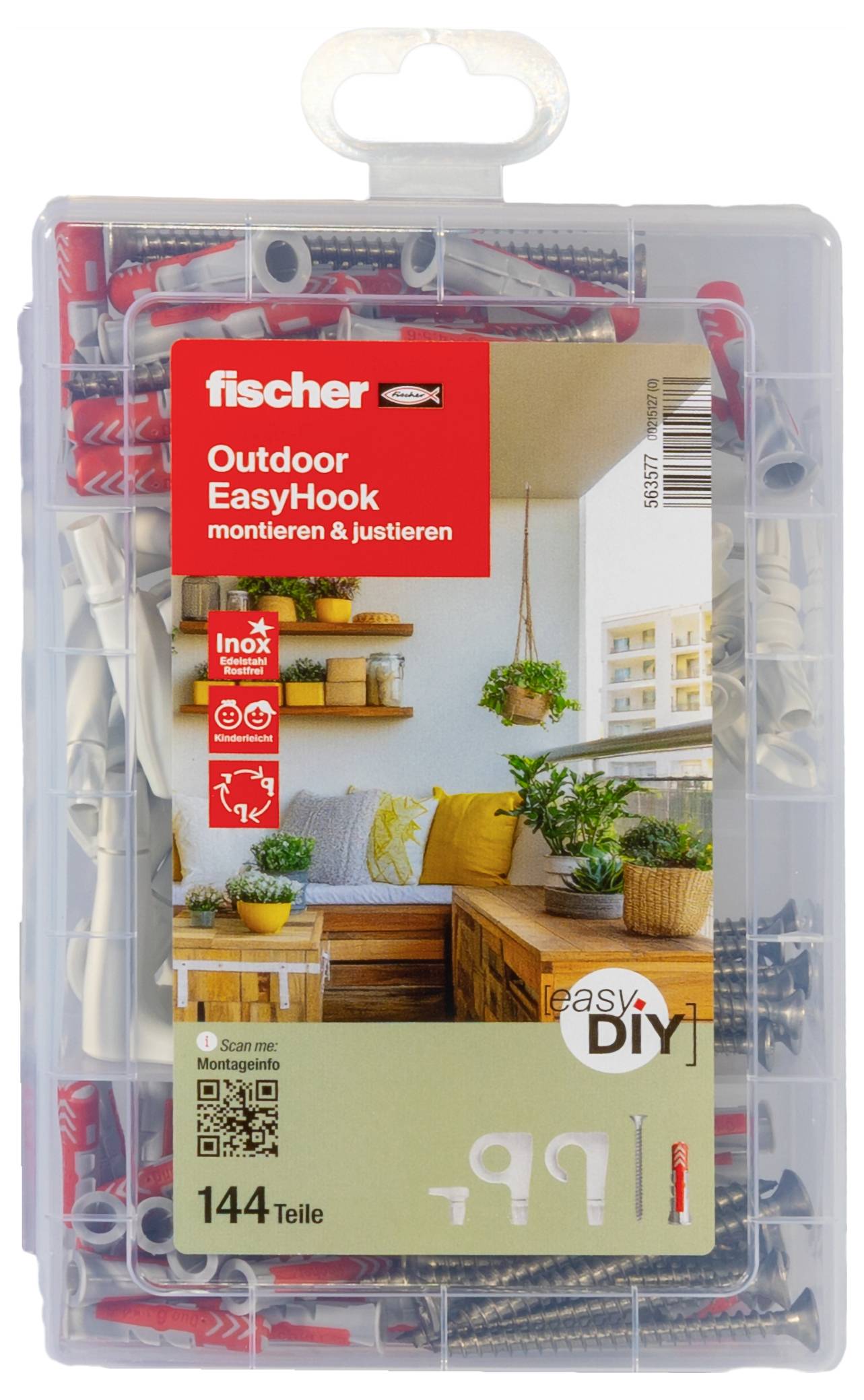 Opakowanie zawiera 144 elementy mocujące Fischer, przeznaczone do 'EasyHook Outdoor'. Na opakowaniu widoczne są śruby i kołki.