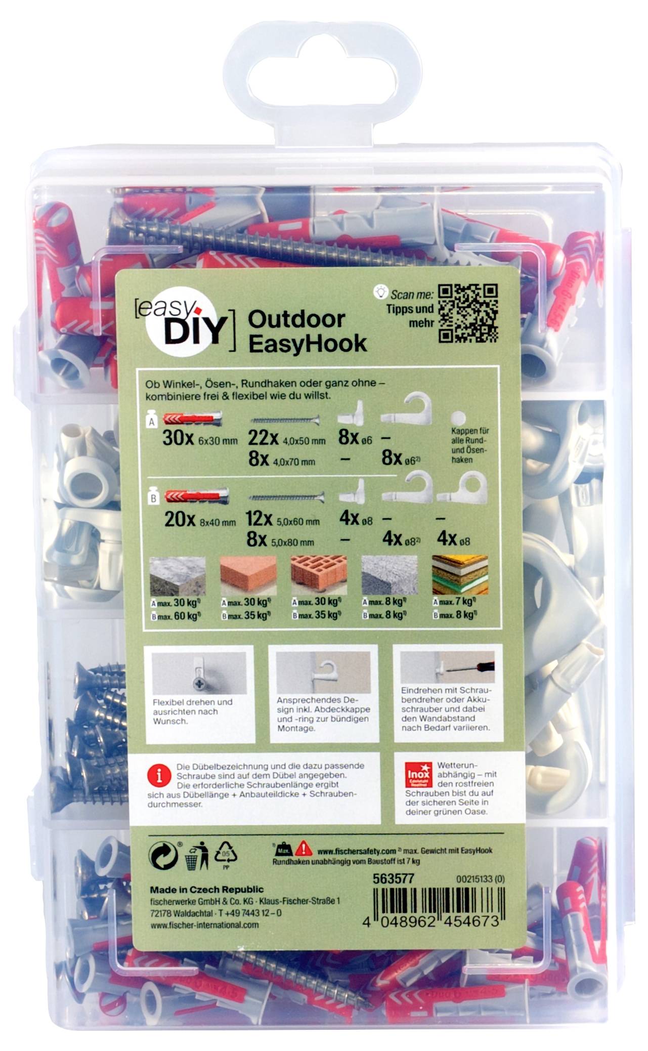 Plastikowe pudełko z zestawem Outdoor EasyHook, zawierające haki, kołki i śruby w różnych rozmiarach i kolorach.