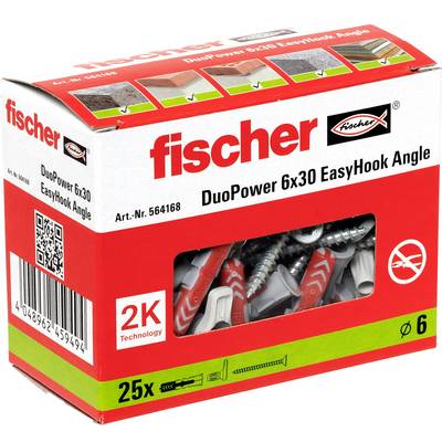 Pudełko produktu Fischer DuoPower 6x30 EasyHook Angle, kotwy ścienne, pokazujące okno z czerwonymi i szarymi złączami oraz etykietę dla 25 sztuk.