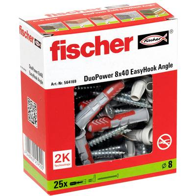 Pudełko kotwic ściennych fischer DuoPower 8x40 EasyHook Angle, opakowanie 25 sztuk, z widocznymi śrubami i kołkami przez przezroczyste okno.