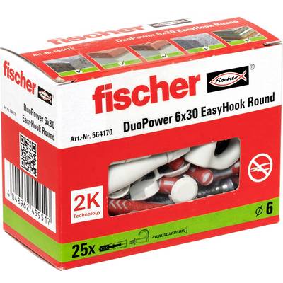 Opakowanie kotwic do ścian Fischer DuoPower 6x30 EasyHook okrągłych, pokazujące 25 czerwono-białych kotwic w oknie.