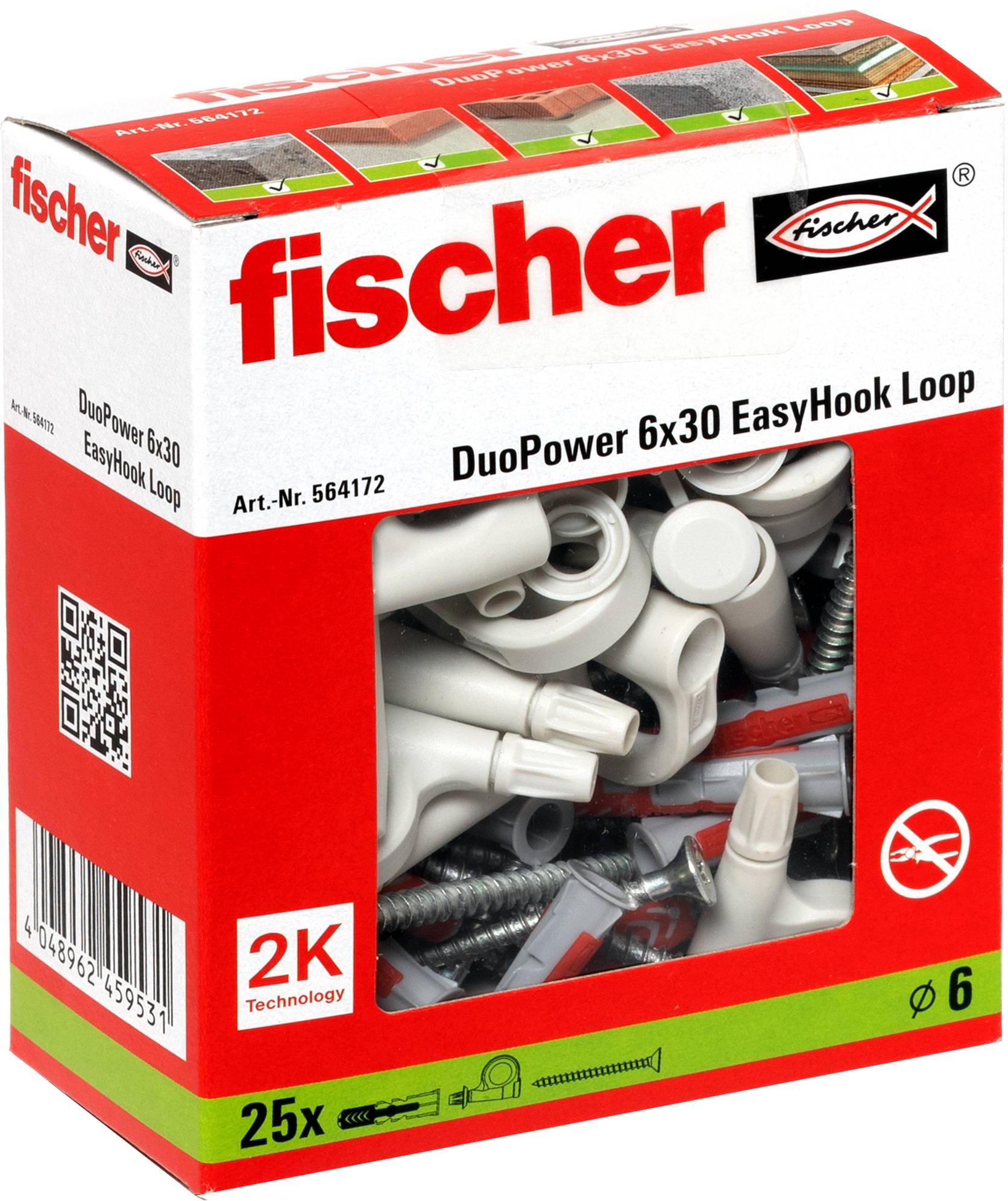 'Opakowanie Fischer DuoPower 6x30 EasyHook Loop, 25 sztuk, ze śrubami i kołkami, odpowiednie do bezpiecznego mocowania.'