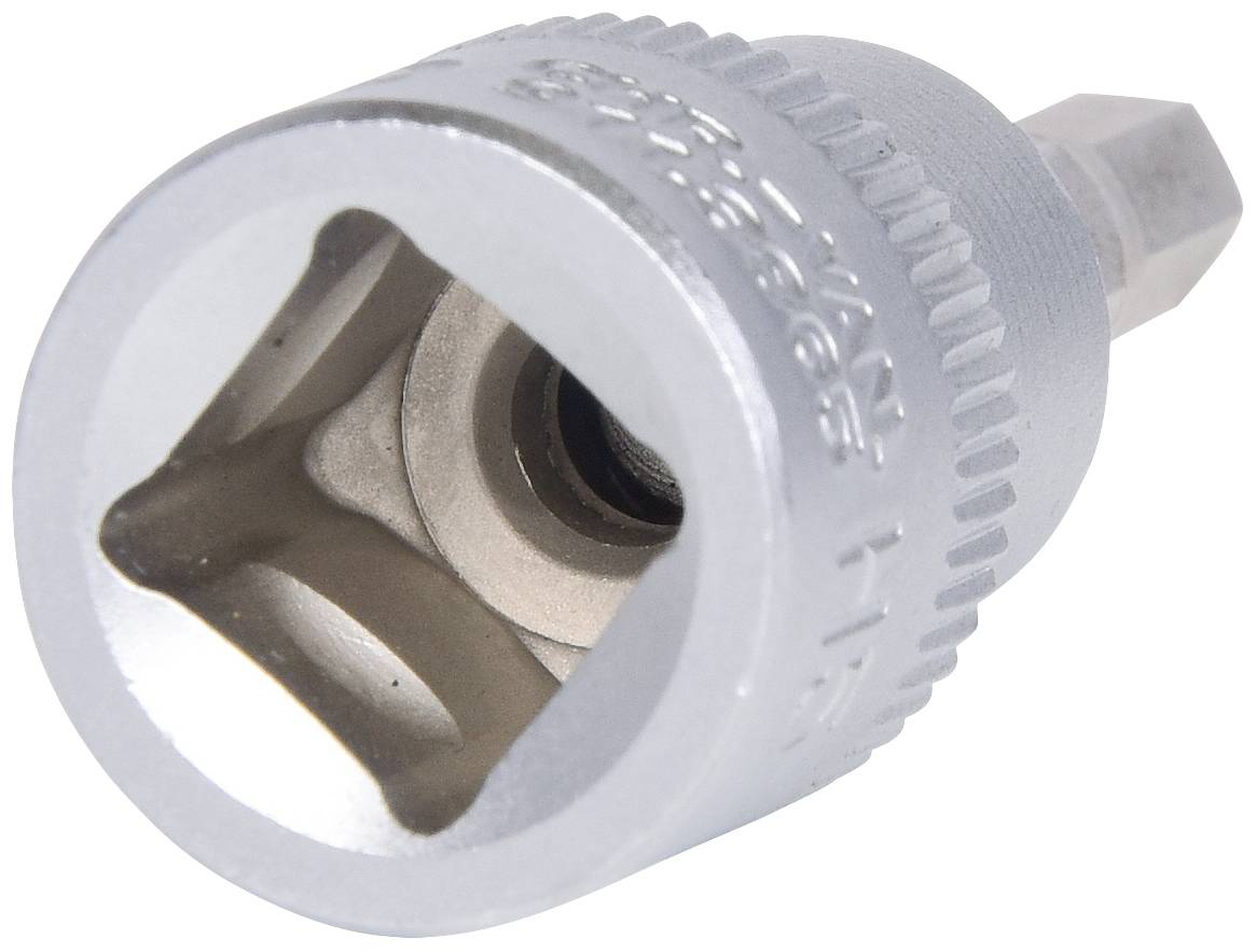 Srebrny adapter klucza nasadowego z kwadratowym gniazdem i wyprofilowanym brzegiem, wskazujący na połączenie z urządzeniem ręcznym.