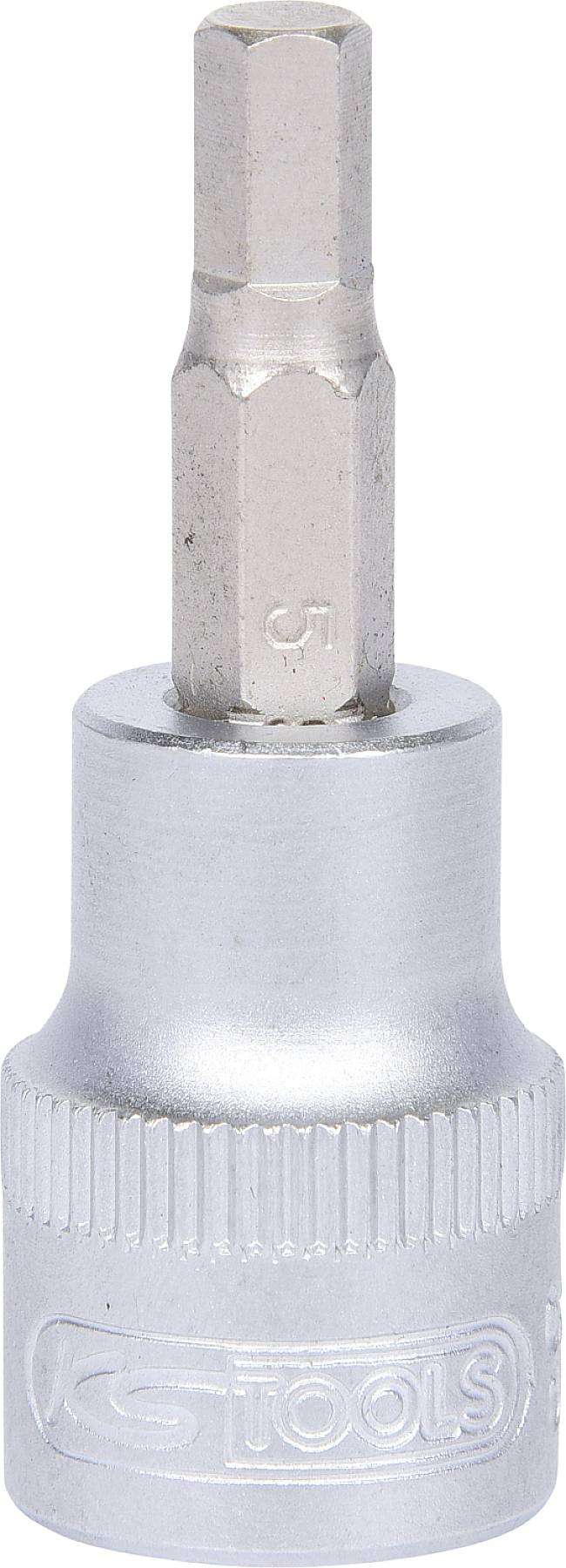 Sześciokątny bit z nasadką, odpowiedni do ręcznego lub maszynowego wkręcania, srebrnego koloru, wykonany z metalu.