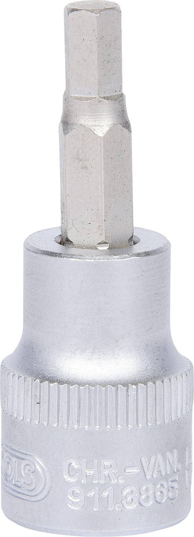 Srebrny sześciokątny adapter bitów ze stali chromowo-wanadowej z wybitym numerem seryjnym na boku.