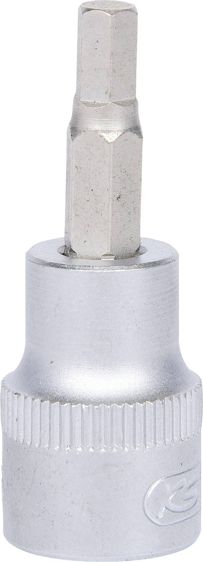 Sześciokątny nakładany bit wykonany z metalicznego srebra, widok z przodu, z prążkowaną krawędzią od spodu. Używany do prac śrubowych.