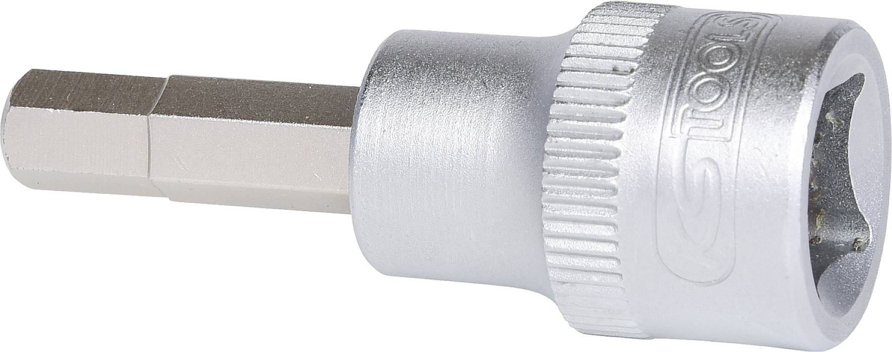 Srebrny sześciokątny bit z cylindryczną tuleją, przeznaczony do prac śrubowych, na białym tle.