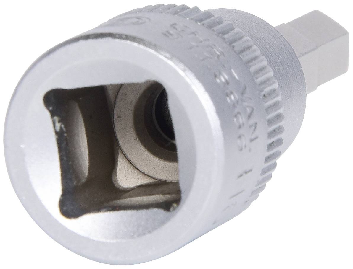 Srebrny nakładany element mocujący o kształcie sześciokąta z rowkowaną krawędzią. Odpowiedni do narzędzi służących do dokręcania śrub.