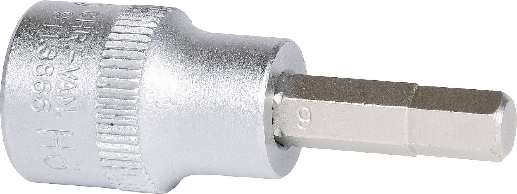 Srebrny sześciokątny nakładany klucz główkowy, oznaczony symbolem H5. O metalicznym połysku, przeznaczony do użytku z narzędziami ręcznymi.