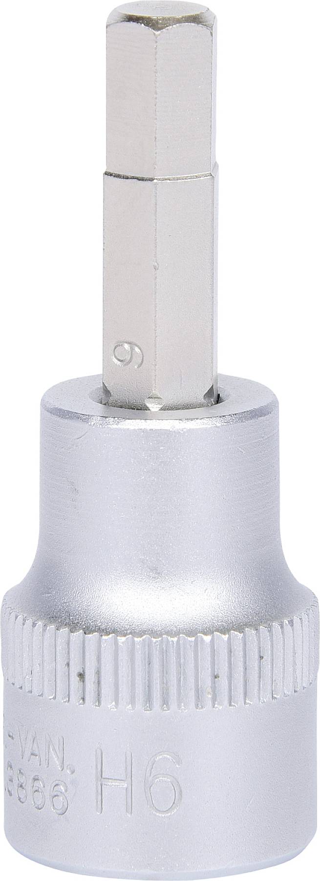 Nasadka sześciokątna z wmontowanym bitem sześciokątnym, rozmiar H6. Stosowana do prac z śrubami sześciokątnymi, rozpoznawalna po metalicznym połysku.
