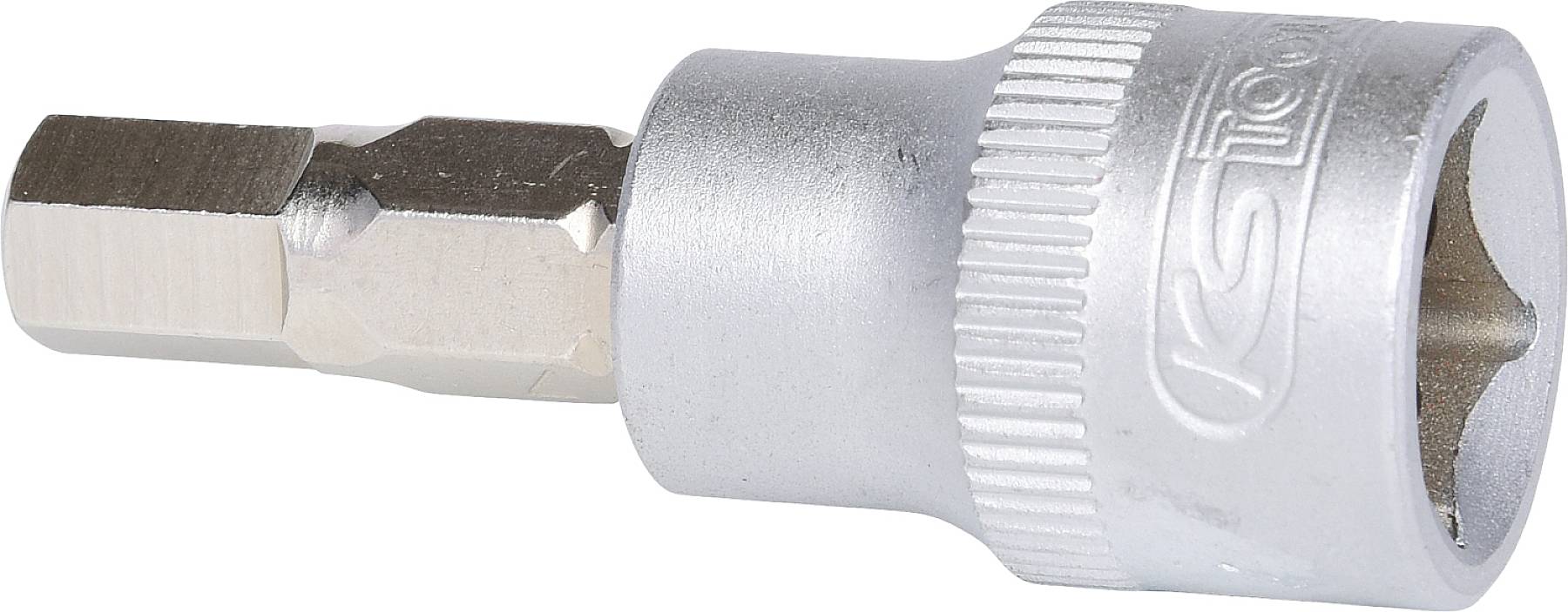Klucz nasadowy z srebrnym uchwytem i sześciokątnym wkładem, odpowiedni do prac przy śrubach i mocowaniach.