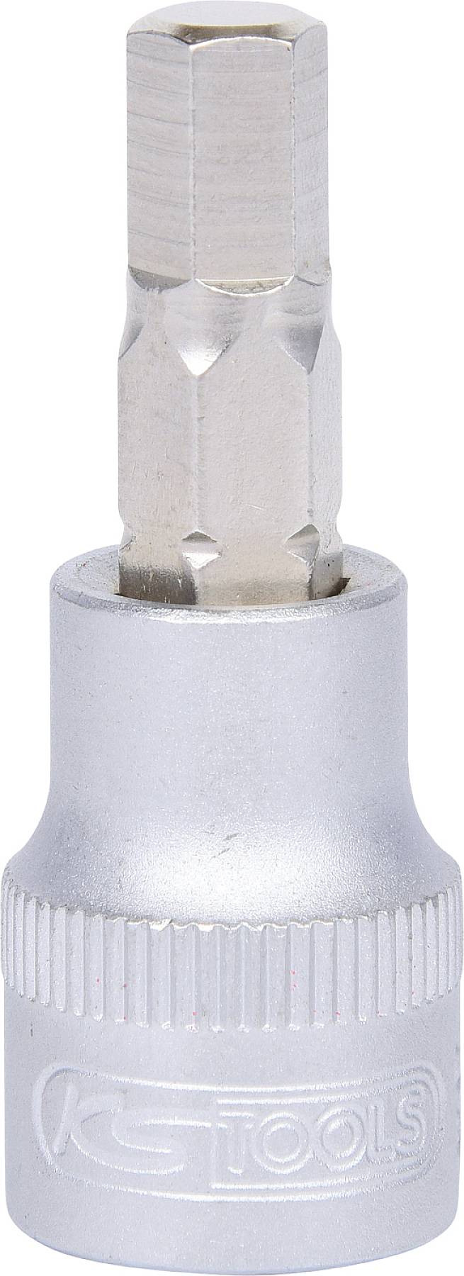 Sześciokątna nasadka klucza z metalu, w kolorze srebrnym, z wygrawerowanym logo producenta.