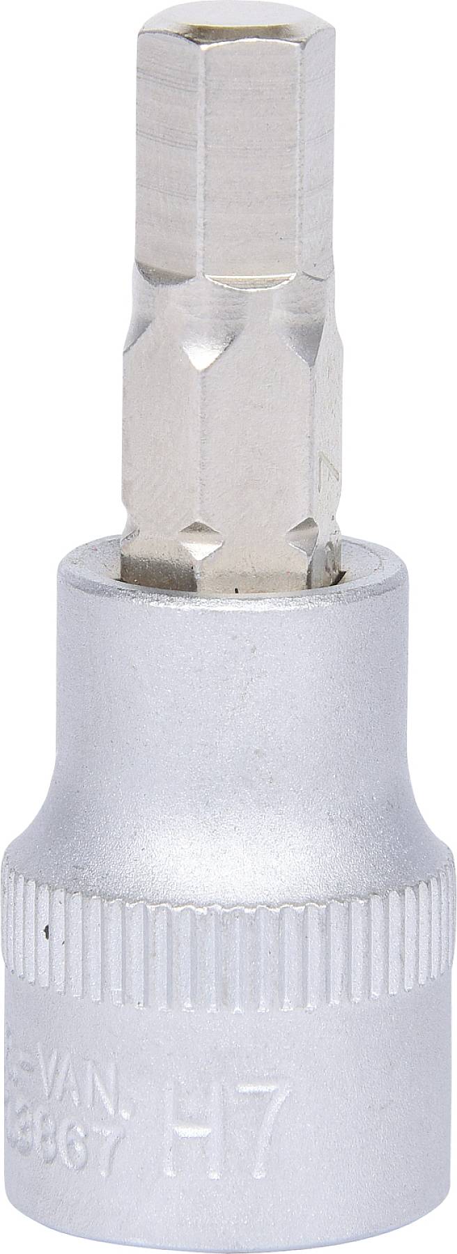 Srebrny adapter do klucza z sześciokątnym zakończeniem i grawerunkiem 'H7' na boku, przeznaczony do specjalnych połączeń śrubowych.