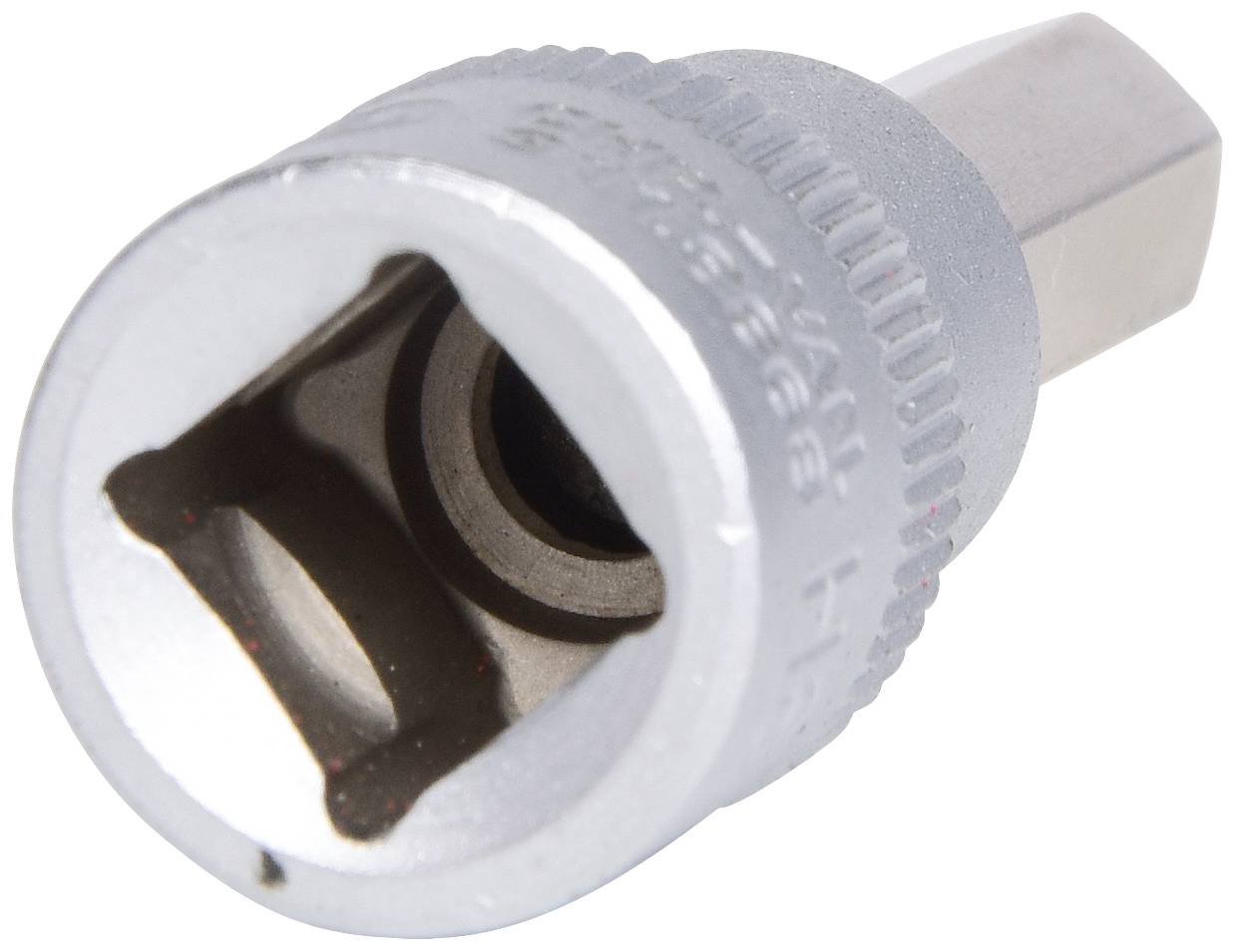 Metalowy adapter śrubowy z sześciokątnym otworem do narzędzi, w kolorze srebrnym.