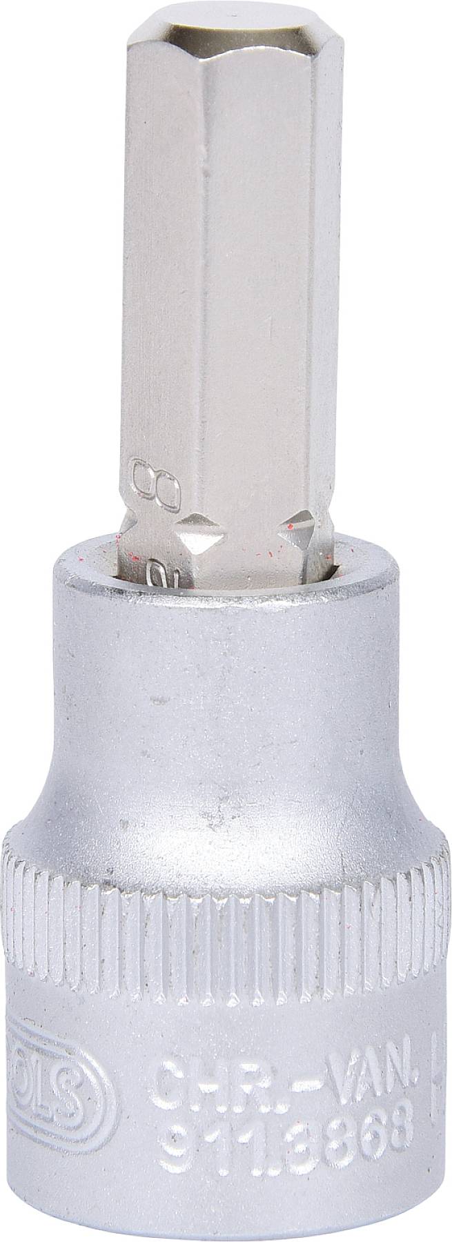 Sześciokątny nasadowy klucz nasadowy wykonany ze stali chromowo-wanadowej, srebrzyście połyskujący, przeznaczony do prac z śrubami i nakrętkami.