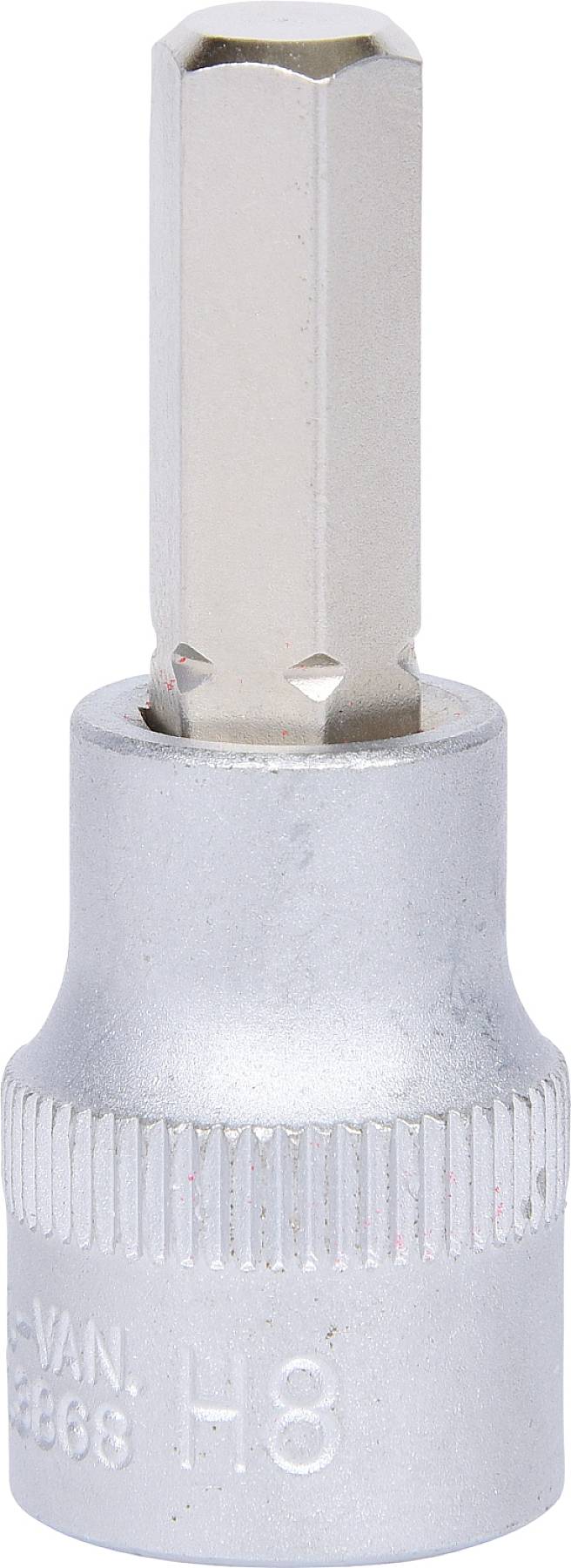 Sześciokątny bit do klucza nasadowego, rozmiar H8, srebrna metalowa powierzchnia.