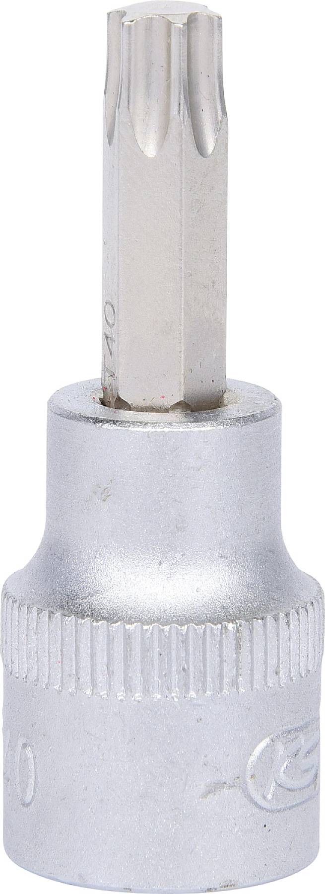 Srebrny adapter do wkrętaka Torx, odpowiedni do prac samochodowych lub warsztatowych.