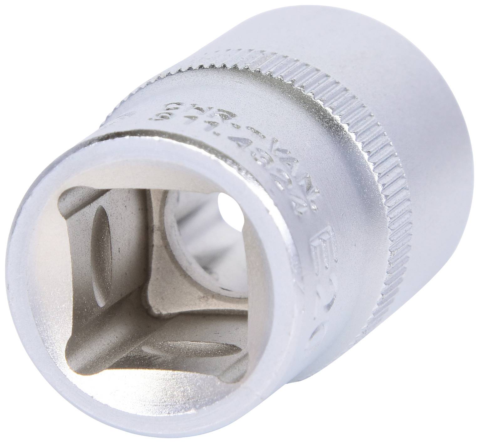 Srebrzysta metalowa wkładka kluczykowa, okrągła i cylindryczna, z karbowaną krawędzią ułatwiającą chwyt.