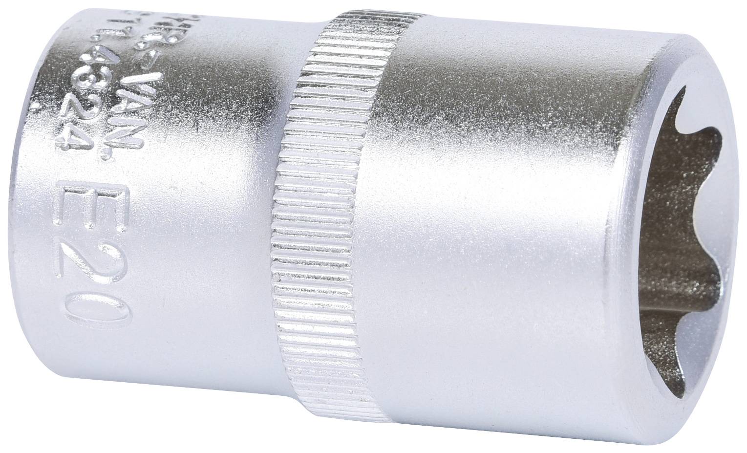 Metalowy klucz nasadowy z oznaczeniem 'E20', o cylindrycznym kształcie z rowkowaną środkową częścią, w kolorze srebrnym.