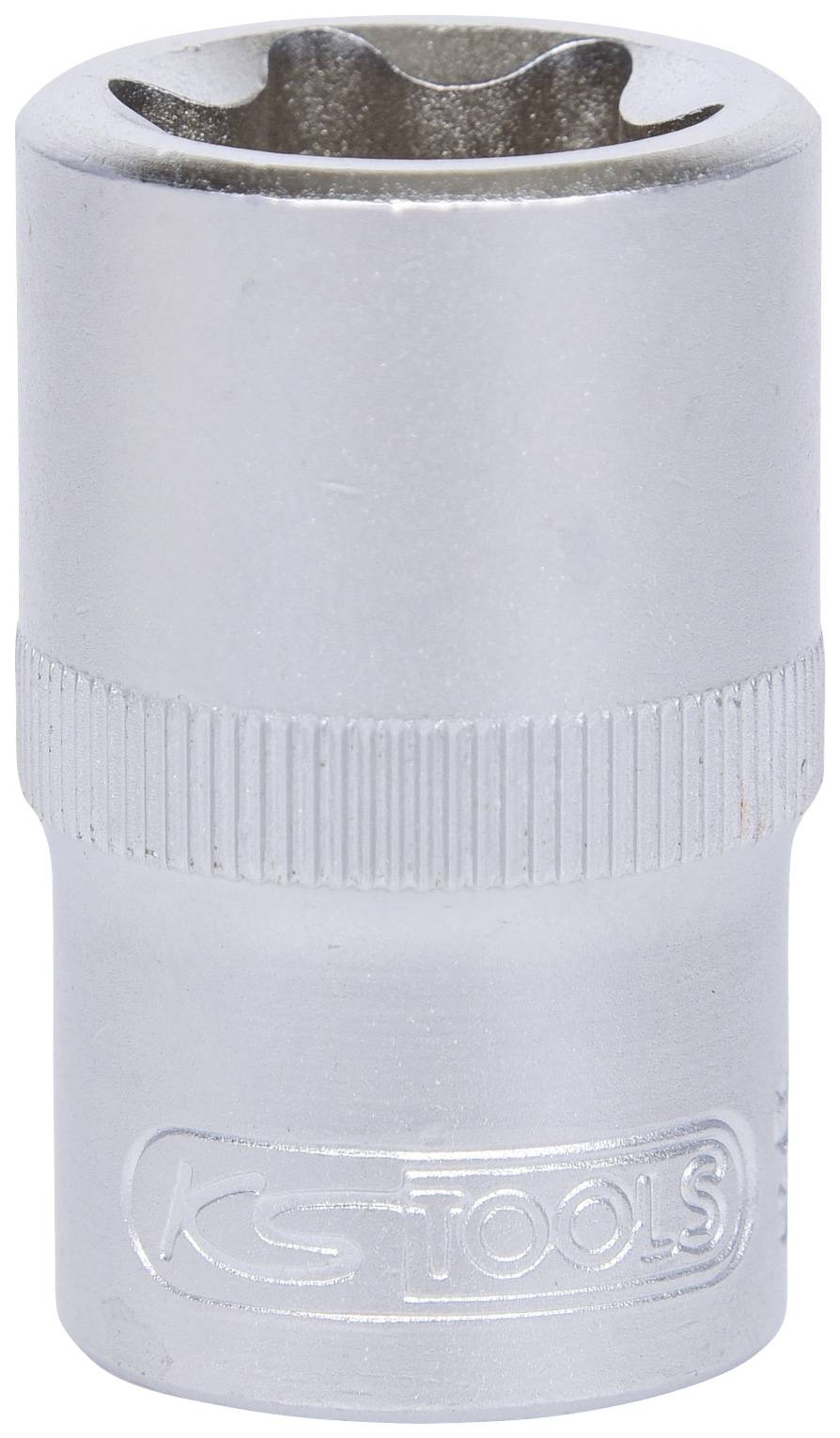 Metalowa nasadka z sześciokątnym otworem. Wytłoczone logo 'KS TOOLS'. Standardowe narzędzie do połączeń śrubowych.