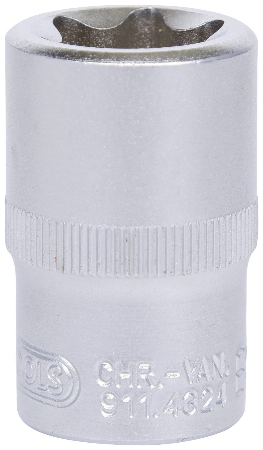 Sześciokątne gniazdo metalowe, typowe do użycia z kluczem nasadowym, wykonane ze stali chromowo-wanadowej.