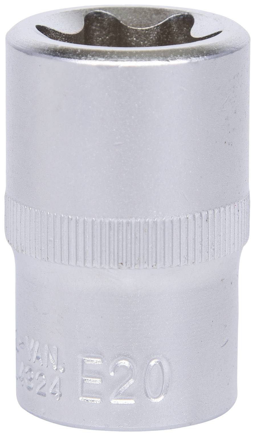 Srebrna sześciokątna nasadka sześciokątna, oznaczona symbolem 'E20', służy do mocowania i odkręcania śrub.