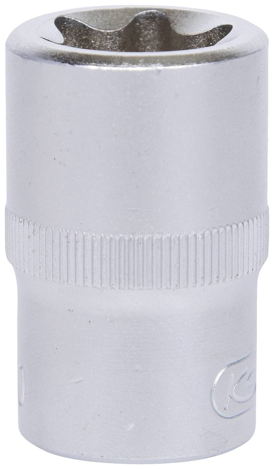 Pojedynczy srebrny metalowy nasadowy klucz imbusowy o kształcie cylindrycznym, z wyżłobioną strefą dla lepszego uchwytu.