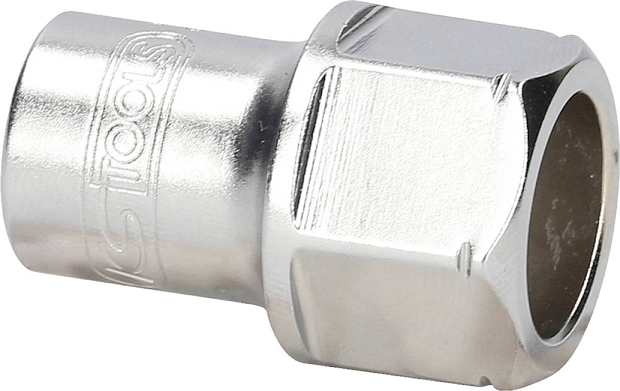 Srebrny sześciokątny nasadowy klucz nasuwany, gładko wypolerowany, z wytłoczonym logo z boku. Odpowiedni do odkręcania śrub.