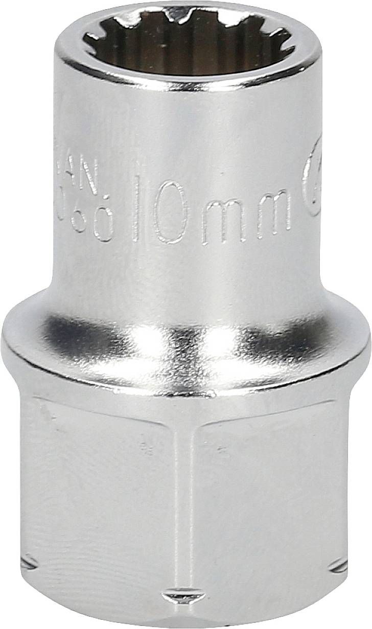 Nasadka sześciokątna, 10 mm, wykonana z błyszczącego metalu, o cylindrycznym kształcie z żebrowaną powierzchnią wewnętrzną, stosowana do prac ślusarskich.