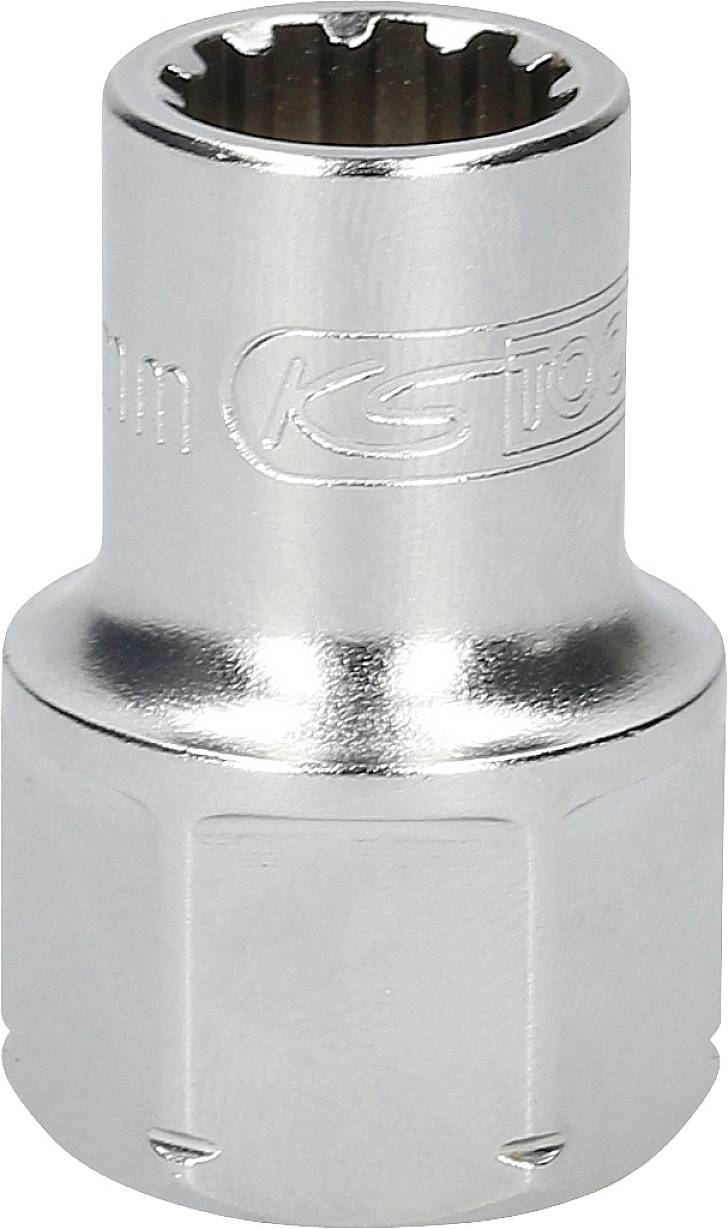 Srebrny klucz nasadowy o ząbkowanym profilu, odpowiedni do zastosowań mechanicznych.